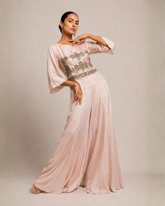 Blush Pink Embroidered Wide-Leg Jumpsuit