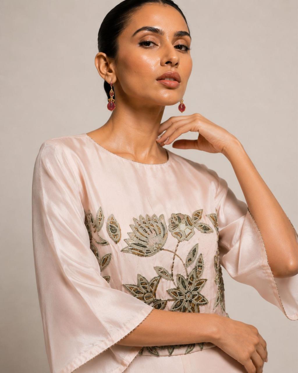 Blush Pink Embroidered Wide-Leg Jumpsuit