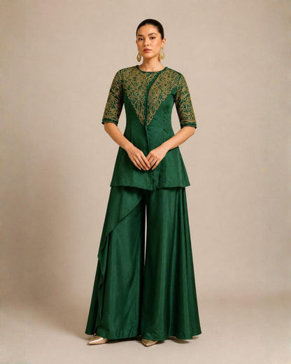 Emerald Green Embroidered Peplum Top with Layered Palazzo Set