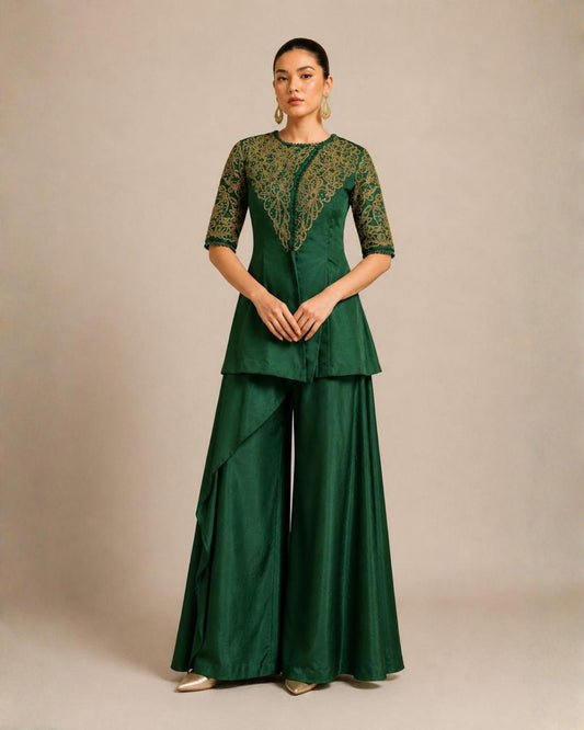 Emerald Green Embroidered Peplum Top with Layered Palazzo Set
