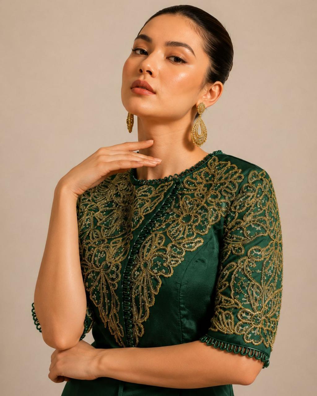 Emerald Green Embroidered Peplum Top with Layered Palazzo Set