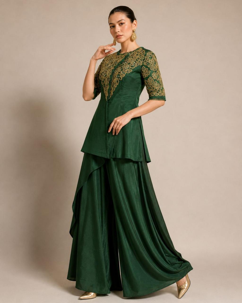 Emerald Green Embroidered Peplum Top with Layered Palazzo Set