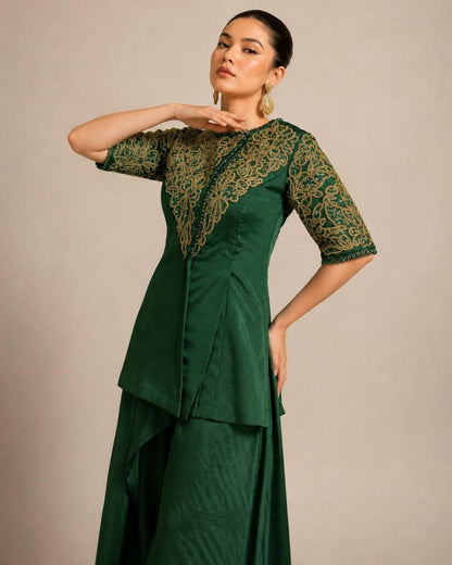 Emerald Green Embroidered Peplum Top with Layered Palazzo Set