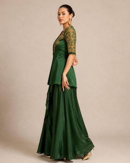 Emerald Green Embroidered Peplum Top with Layered Palazzo Set