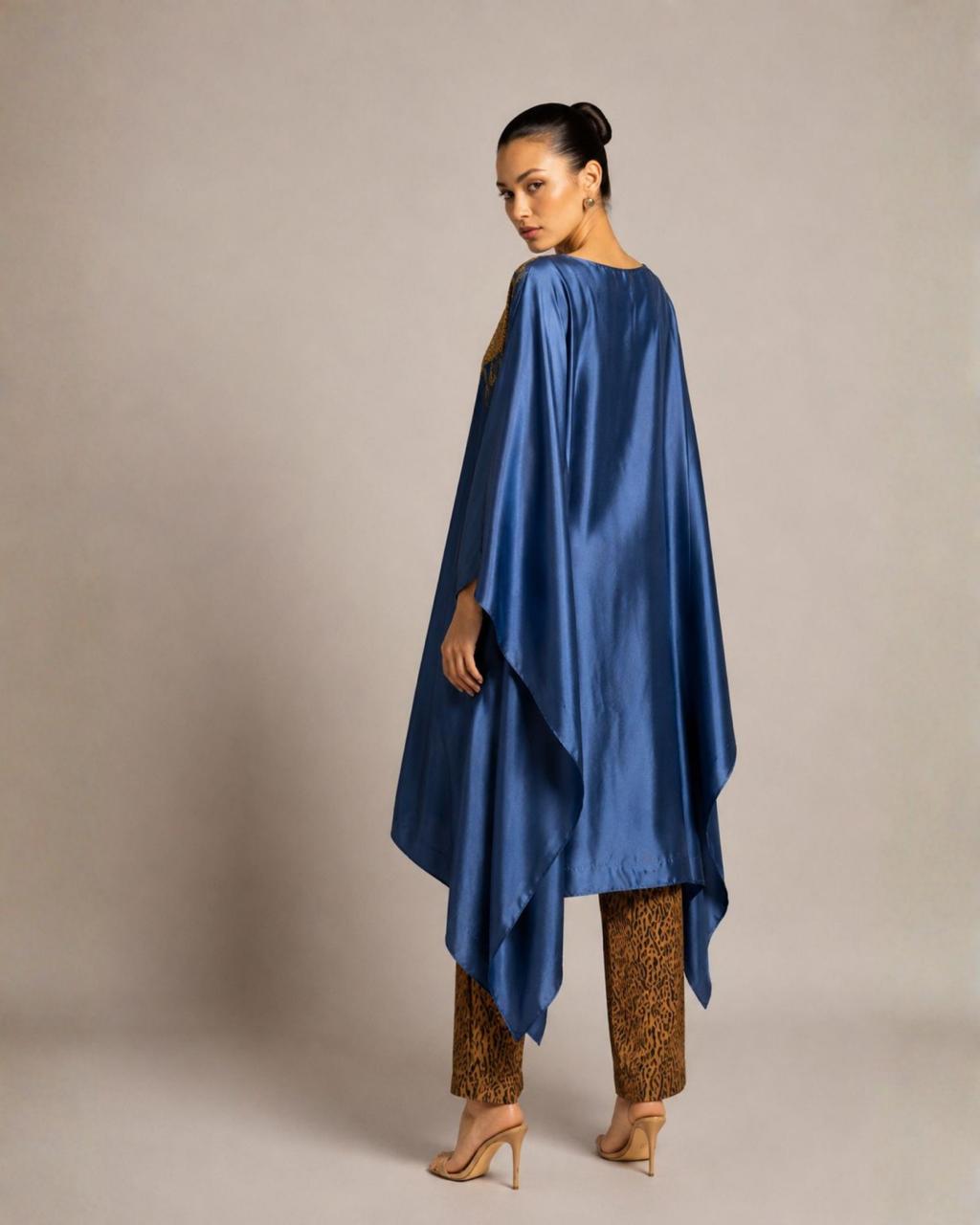 Steel Blue Embroidered Kaftan Kurta with Printed Straight Pants