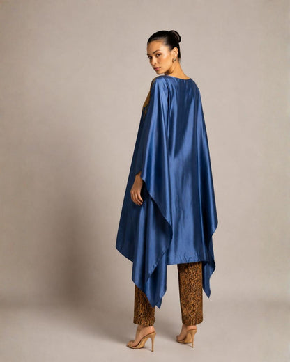 Steel Blue Embroidered Kaftan Kurta with Printed Straight Pants