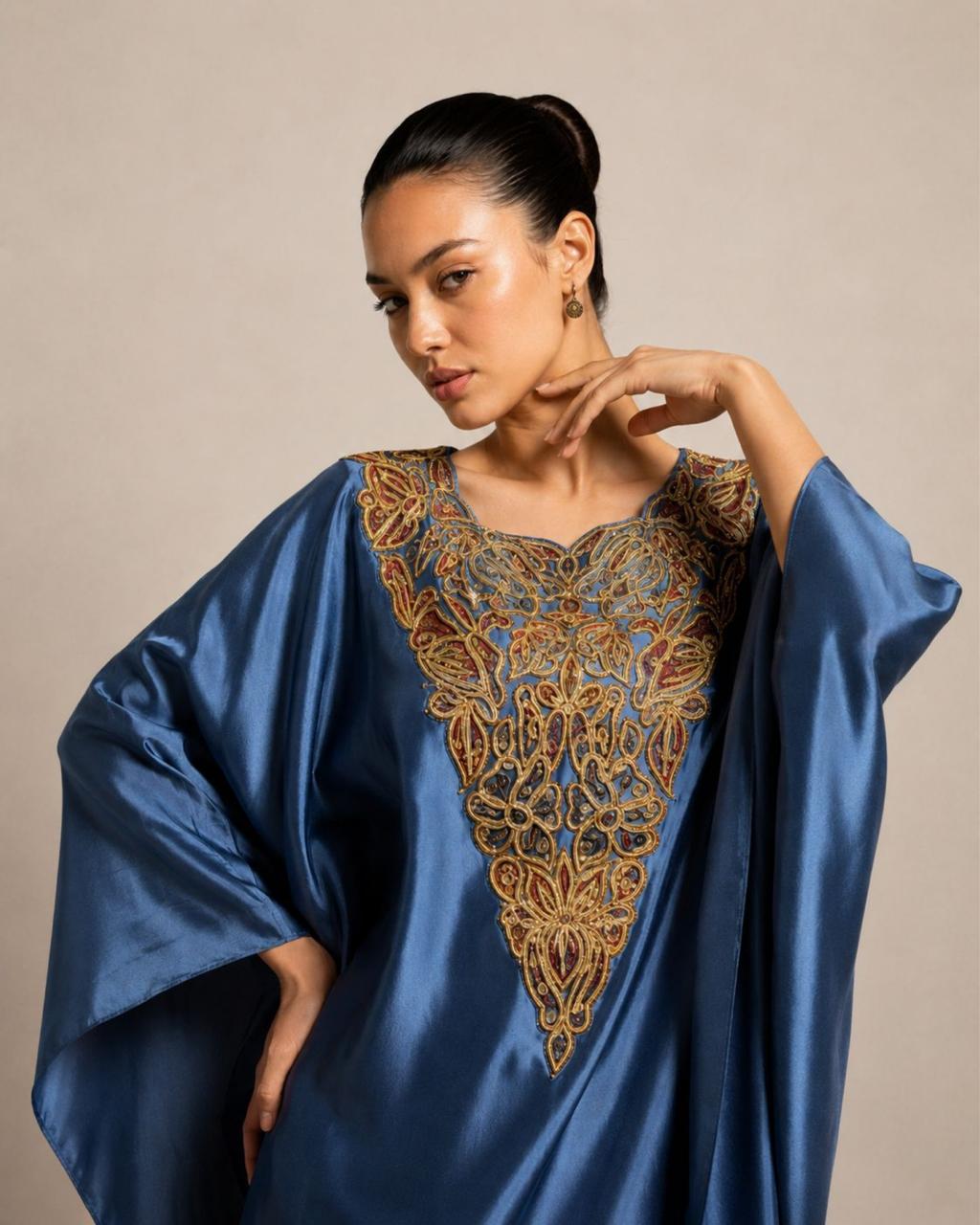 Steel Blue Embroidered Kaftan Kurta with Printed Straight Pants