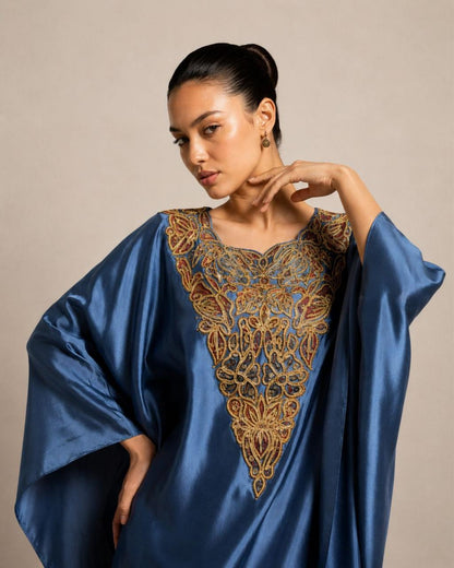 Steel Blue Embroidered Kaftan Kurta with Printed Straight Pants