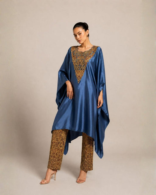 Steel Blue Embroidered Kaftan Kurta with Printed Straight Pants