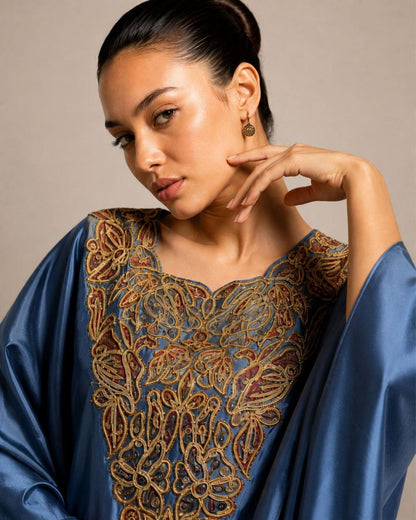 Steel Blue Embroidered Kaftan Kurta with Printed Straight Pants