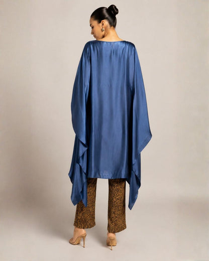 Steel Blue Embroidered Kaftan Kurta with Printed Straight Pants