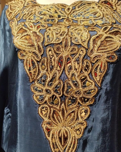 Steel Blue Embroidered Kaftan Kurta with Printed Straight Pants