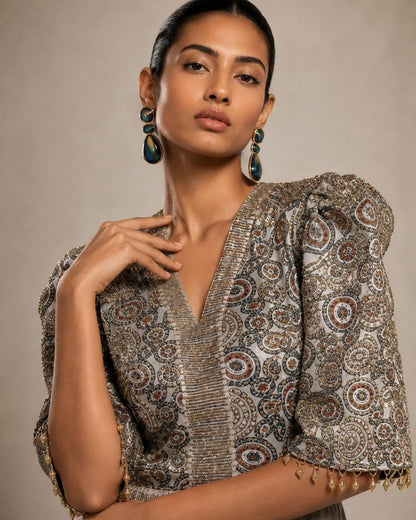 Grey Printed Bodice Pleated Palazzo Jumpsuit