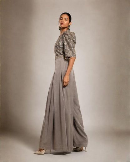 Grey Printed Bodice Pleated Palazzo Jumpsuit