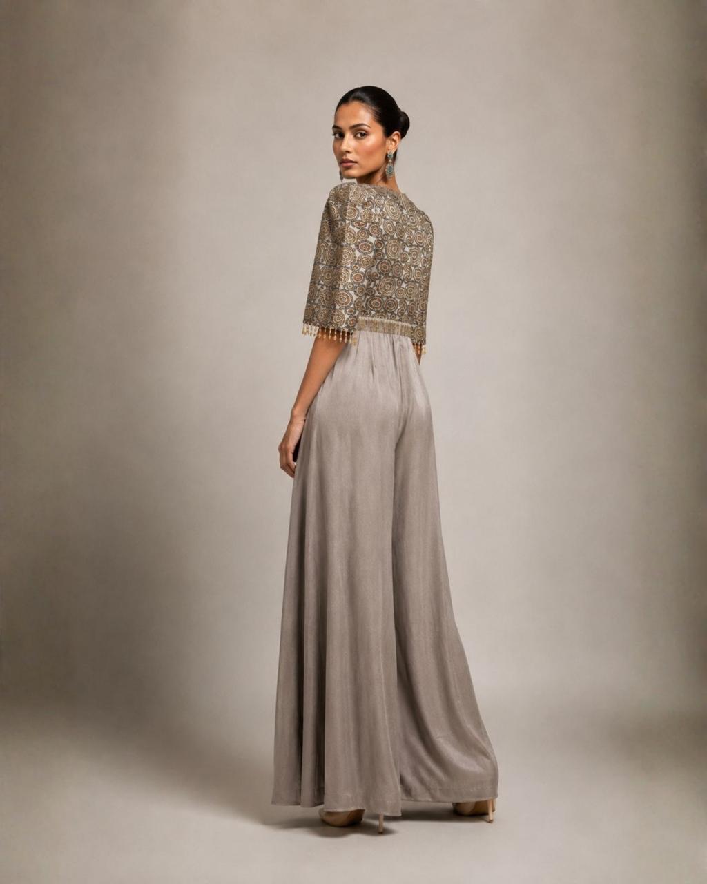 Grey Printed Bodice Pleated Palazzo Jumpsuit