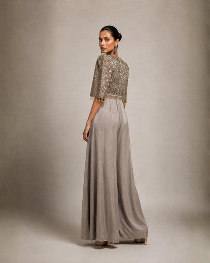 Grey Printed Bodice Pleated Palazzo Jumpsuit