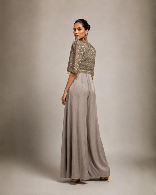 Grey Printed Bodice Pleated Palazzo Jumpsuit