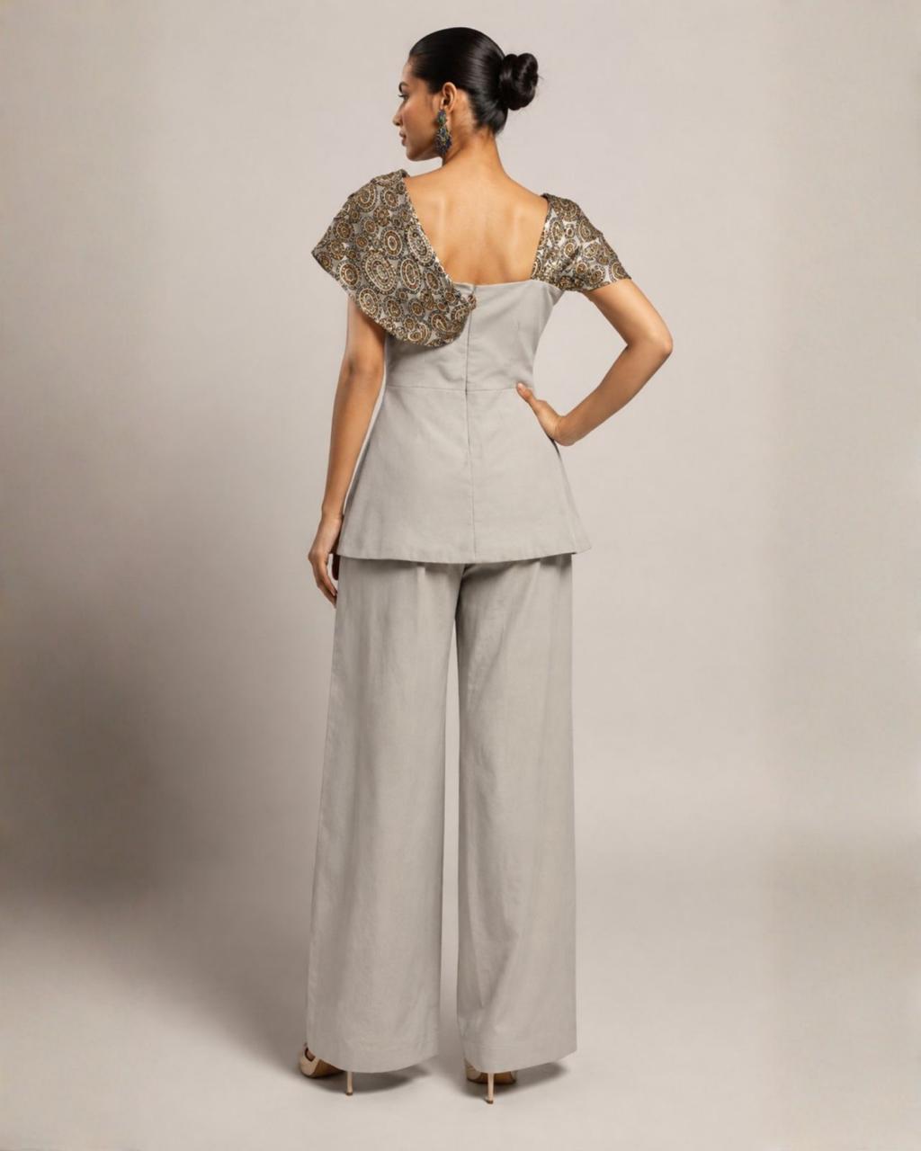 Pearl Grey Peplum Top with Wide-Leg Pants Co-Ord Set