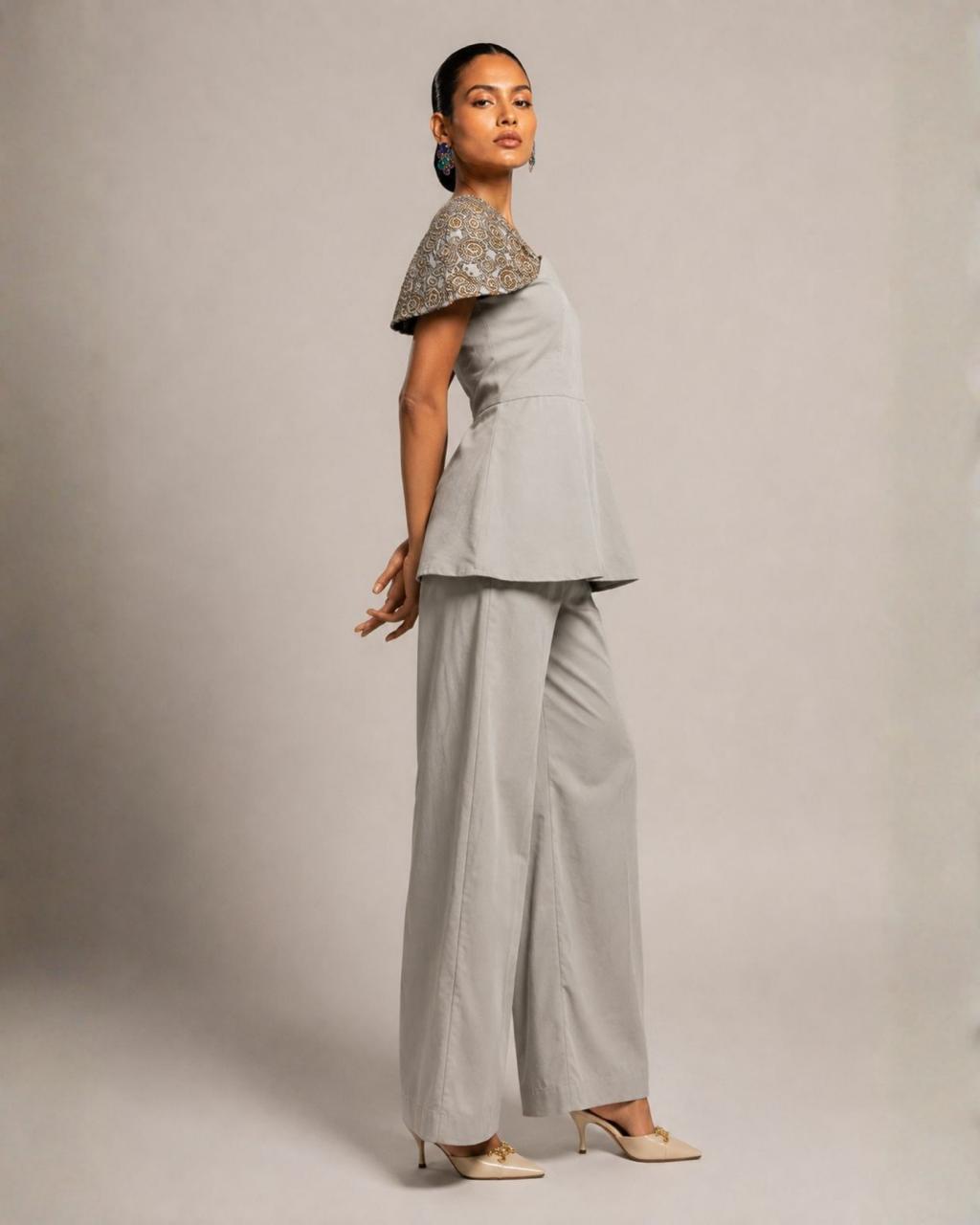 Pearl Grey Peplum Top with Wide-Leg Pants Co-Ord Set