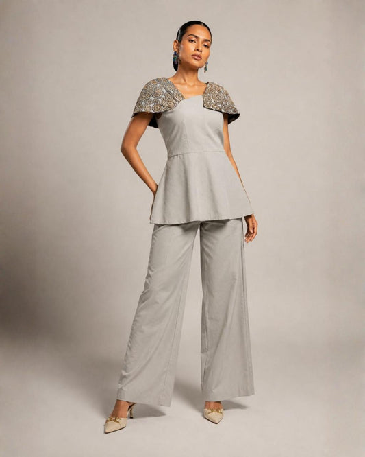 Pearl Grey Peplum Top with Wide-Leg Pants Co-Ord Set