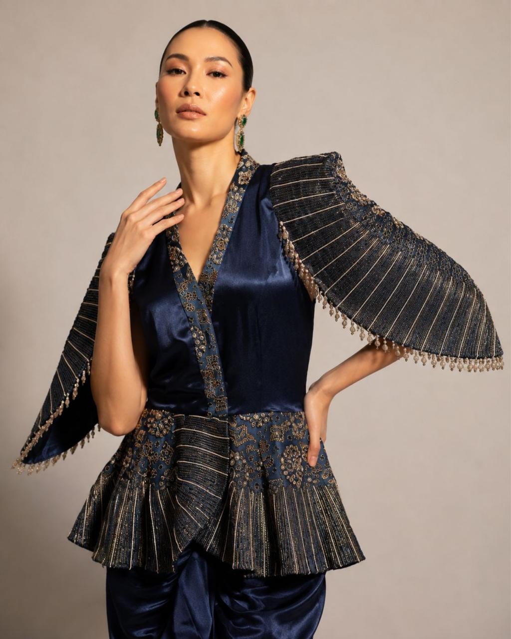 Midnight Blue Draped Dhoti Co-Ord Set with Embroidered Cape Sleeves