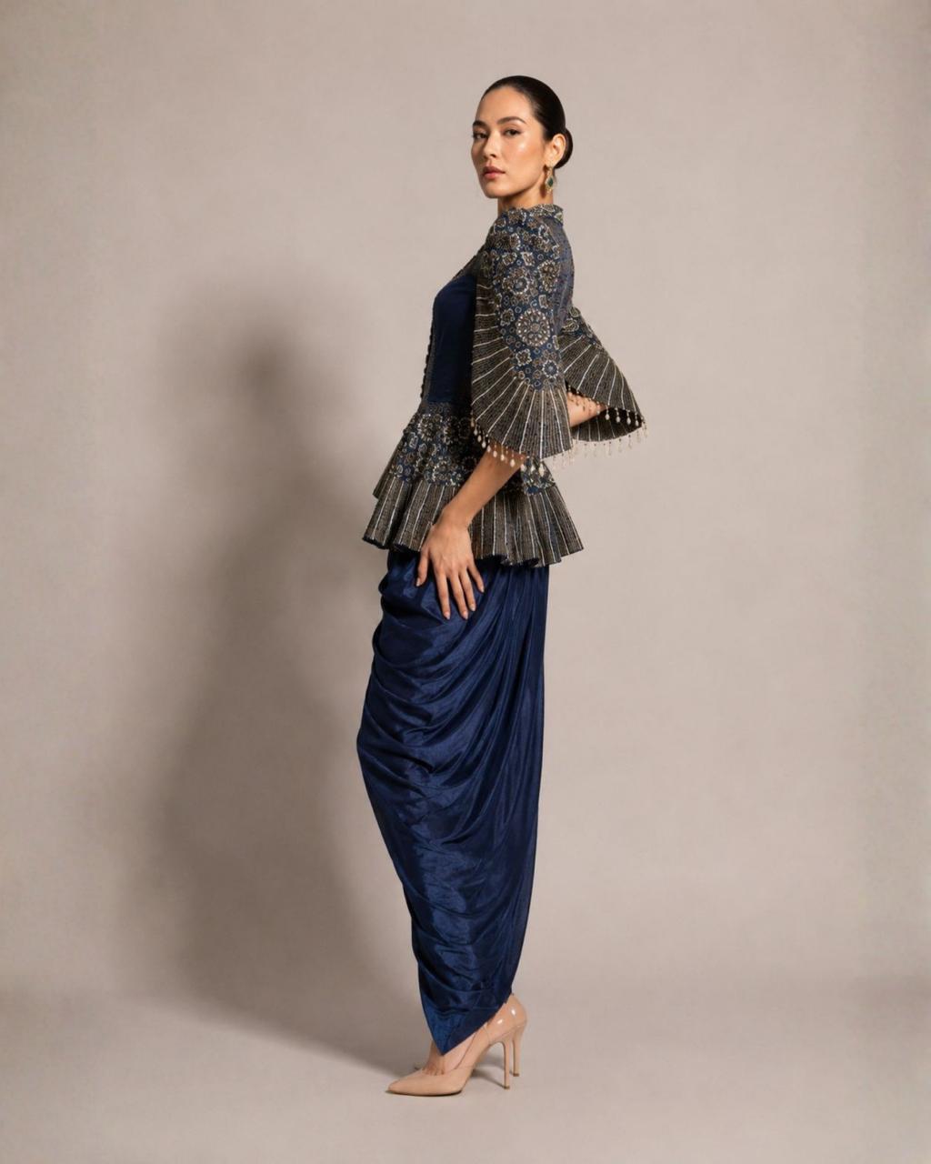 Midnight Blue Draped Dhoti Co-Ord Set with Embroidered Cape Sleeves