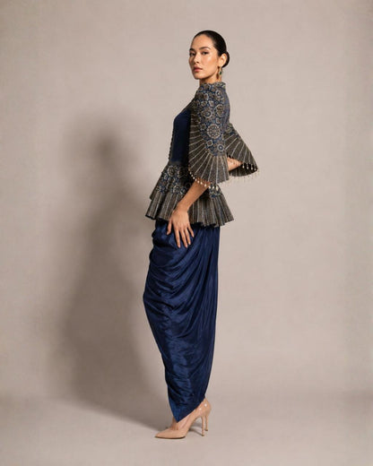 Midnight Blue Draped Dhoti Co-Ord Set with Embroidered Cape Sleeves
