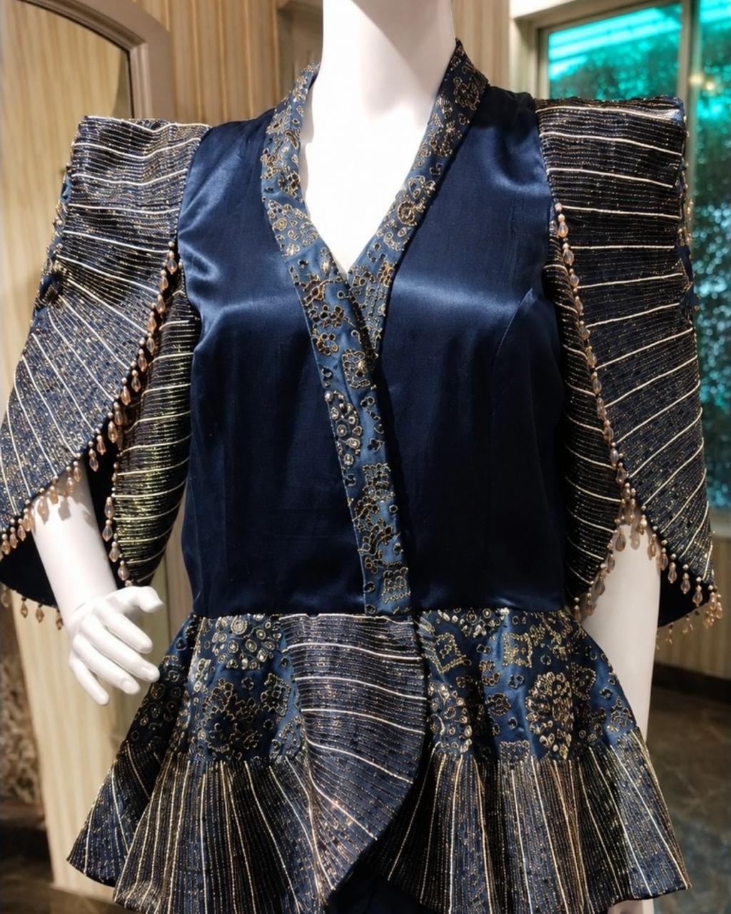 Midnight Blue Draped Dhoti Co-Ord Set with Embroidered Cape Sleeves