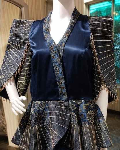 Midnight Blue Draped Dhoti Co-Ord Set with Embroidered Cape Sleeves