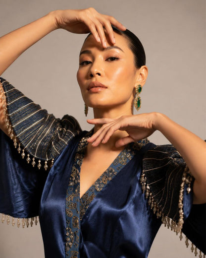 Midnight Blue Draped Dhoti Co-Ord Set with Embroidered Cape Sleeves