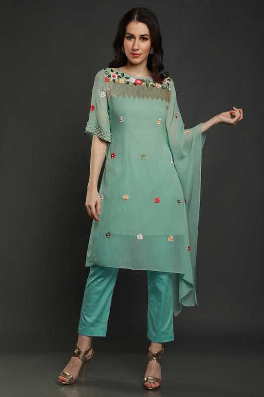 "Radiant Aqua Blue Georgette Kaftan with Thread, Pearl Beads, and Cutdana Embellishments, Perfectly Paired with Stretch Lycra Pants for a chic look."