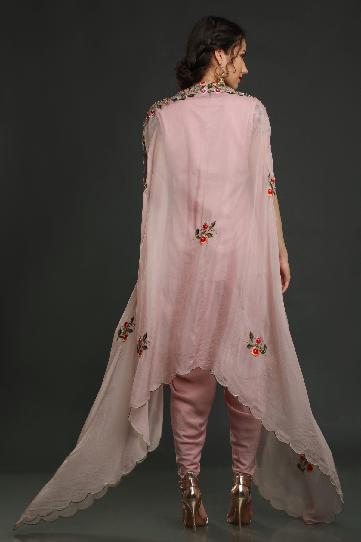 "Elegant Dusky Pink Velvet Crepe Tunic with Intricate Embroidery, paired with Velvet Crepe Dhoti and Organza Dupatta. Shop the luxe ensemble now!"