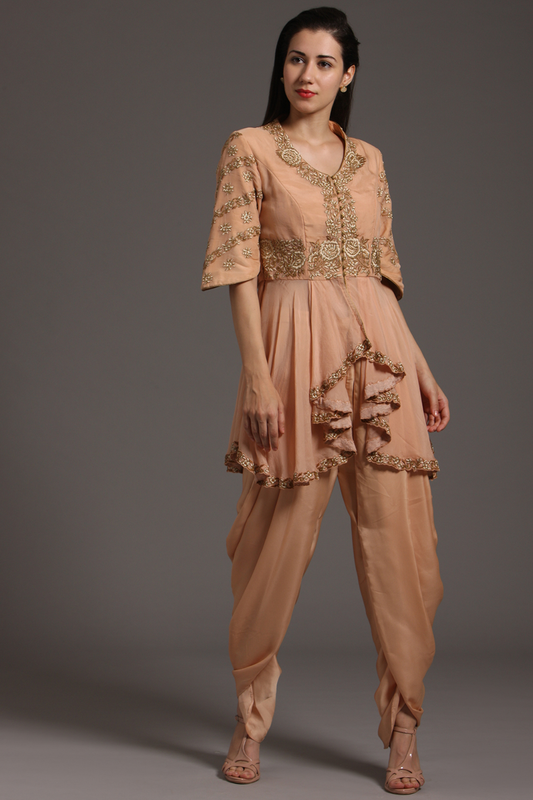 "Graceful Peach Organza Peplum Tunic with Embroidery, paired with Crepe Dhoti Pants. Embrace elegance and shop now for your special occasions."