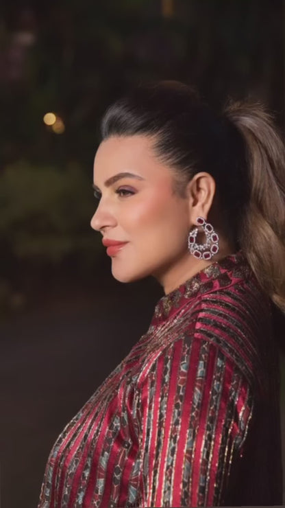 Aashka Goradia in Maroon Stripwork jumpsuit set