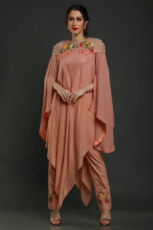 Peach Half-n-Half Kaftan Tunic & Pants Set