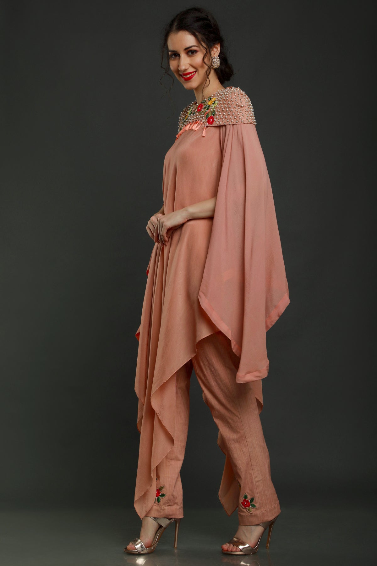 Peach Half-n-Half Kaftan Tunic & Pants Set