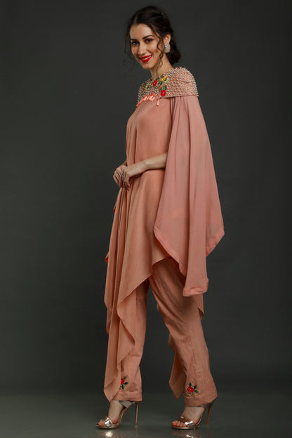 Peach Half-n-Half Kaftan Tunic & Pants Set