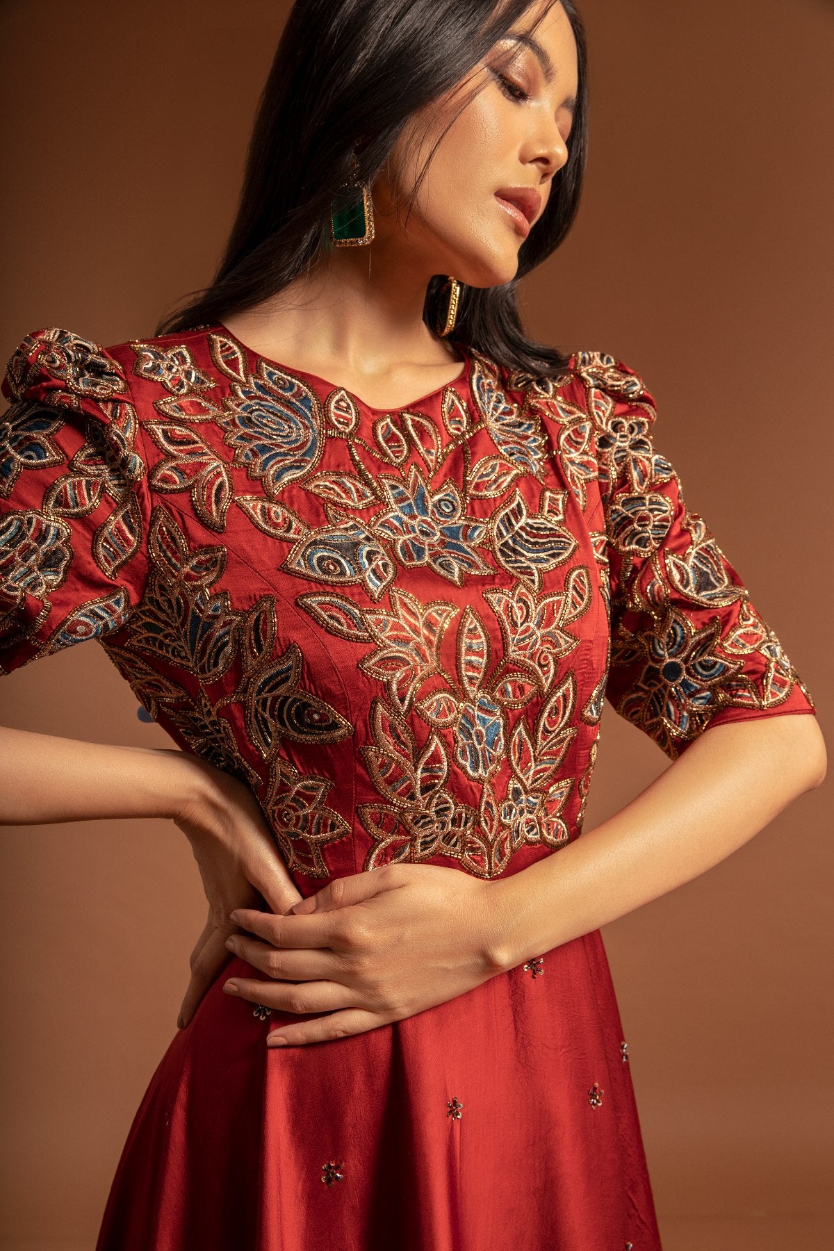 Red Ajrakh Patch work Anarkali with ruffled dupatta