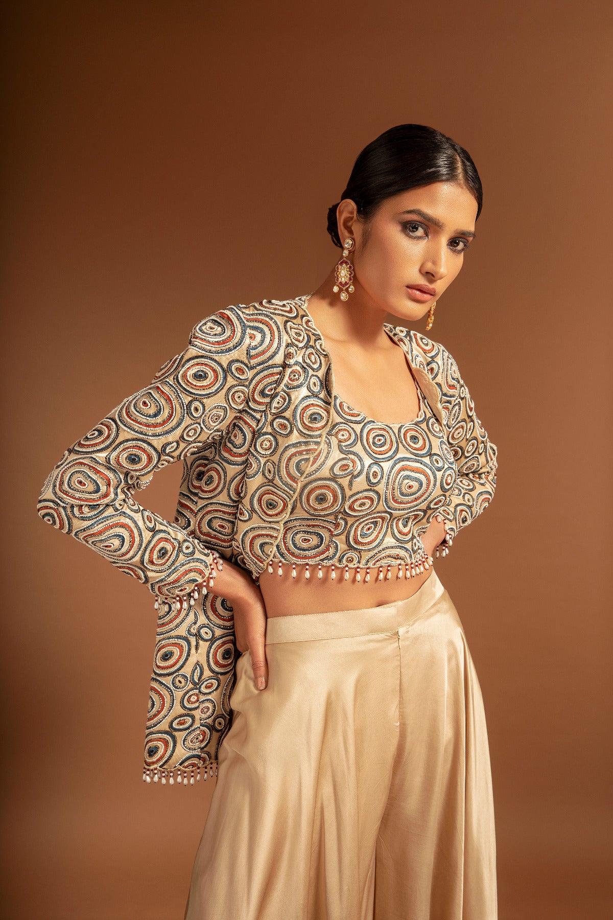 Beige Embellished Jacket And Flared Pant Set