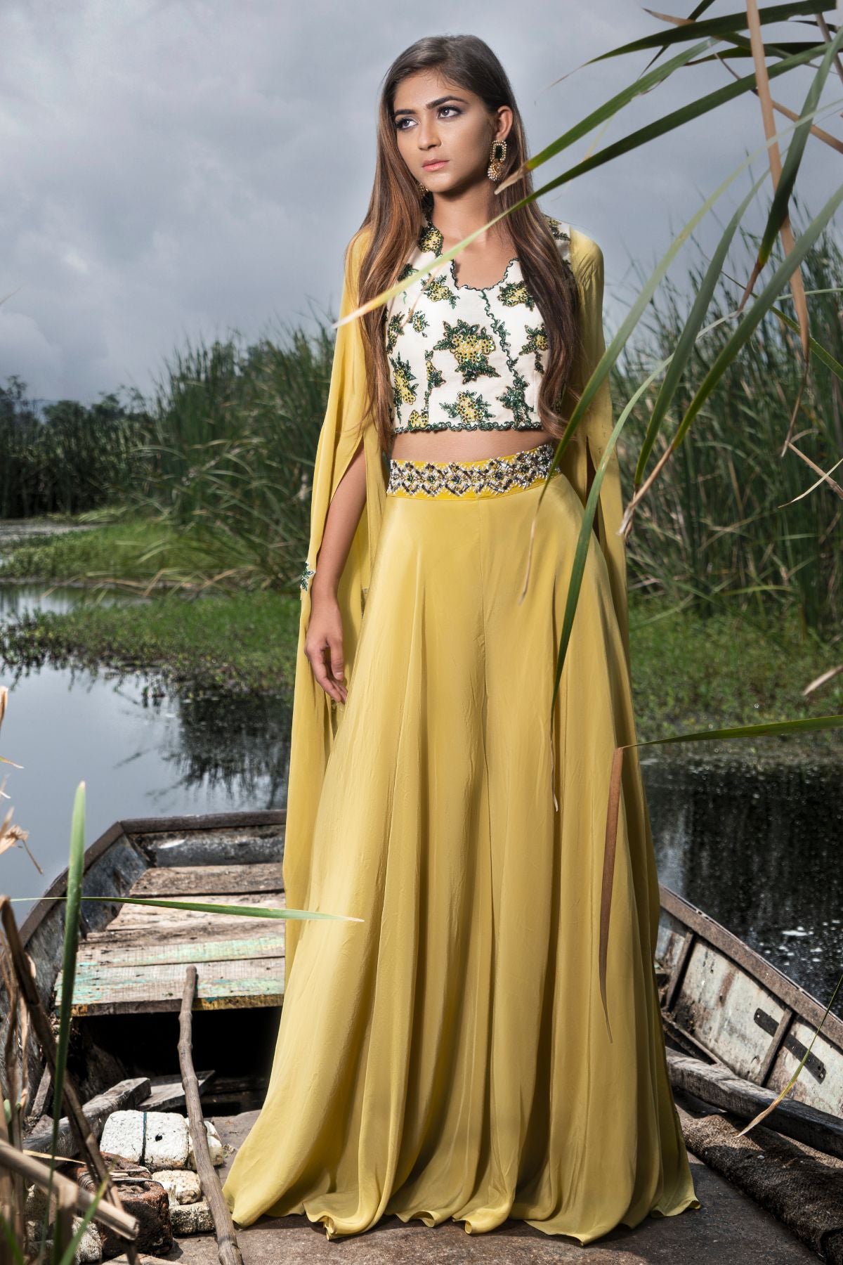 Blossom white & mustard crop top with skirt