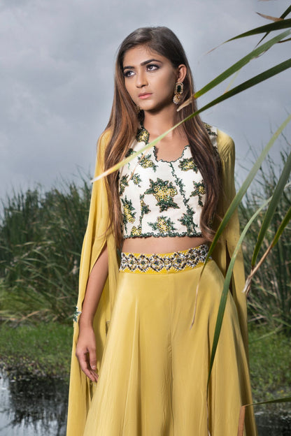 Blossom white & mustard crop top with skirt