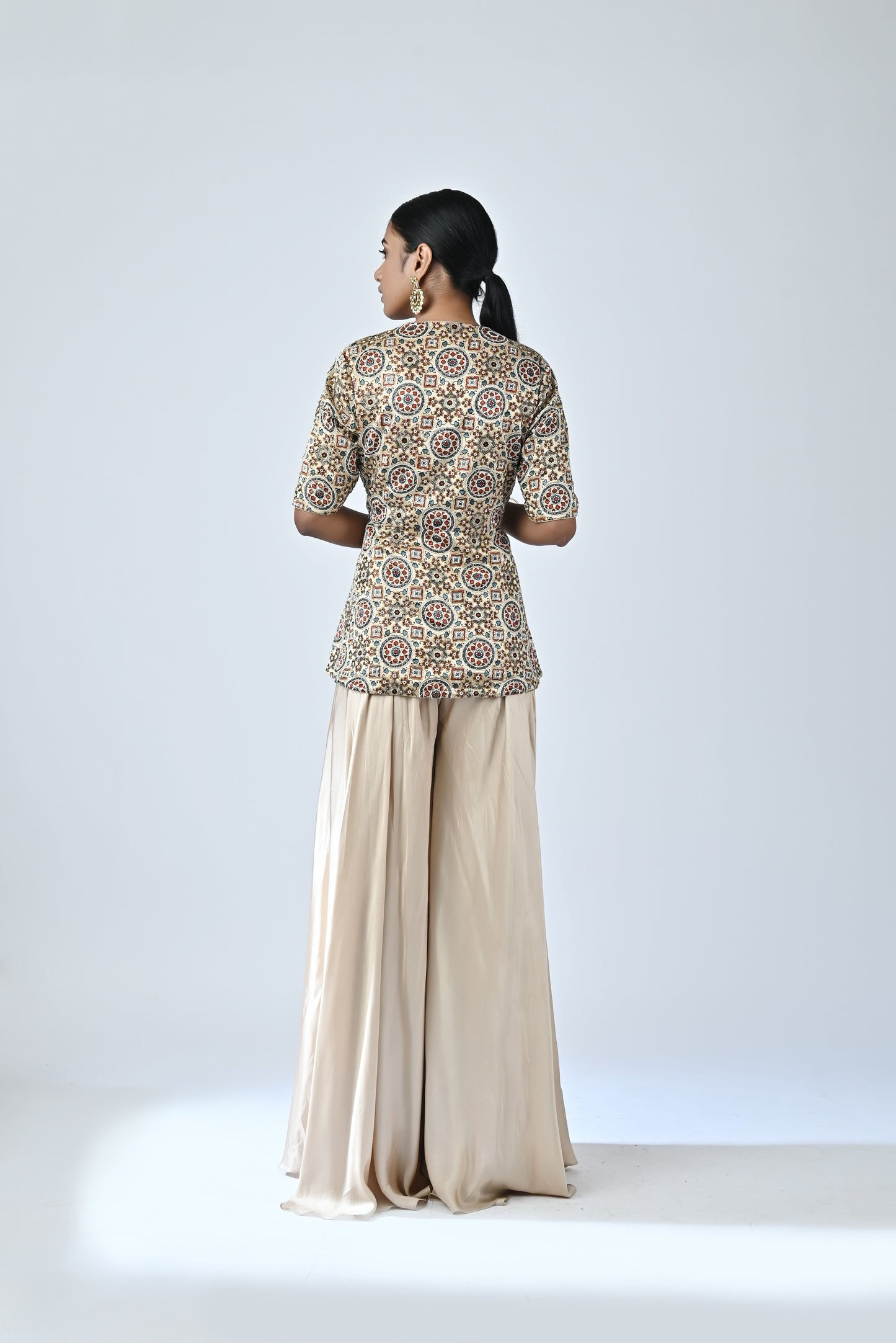 Beige Ajrakh embellished top set
