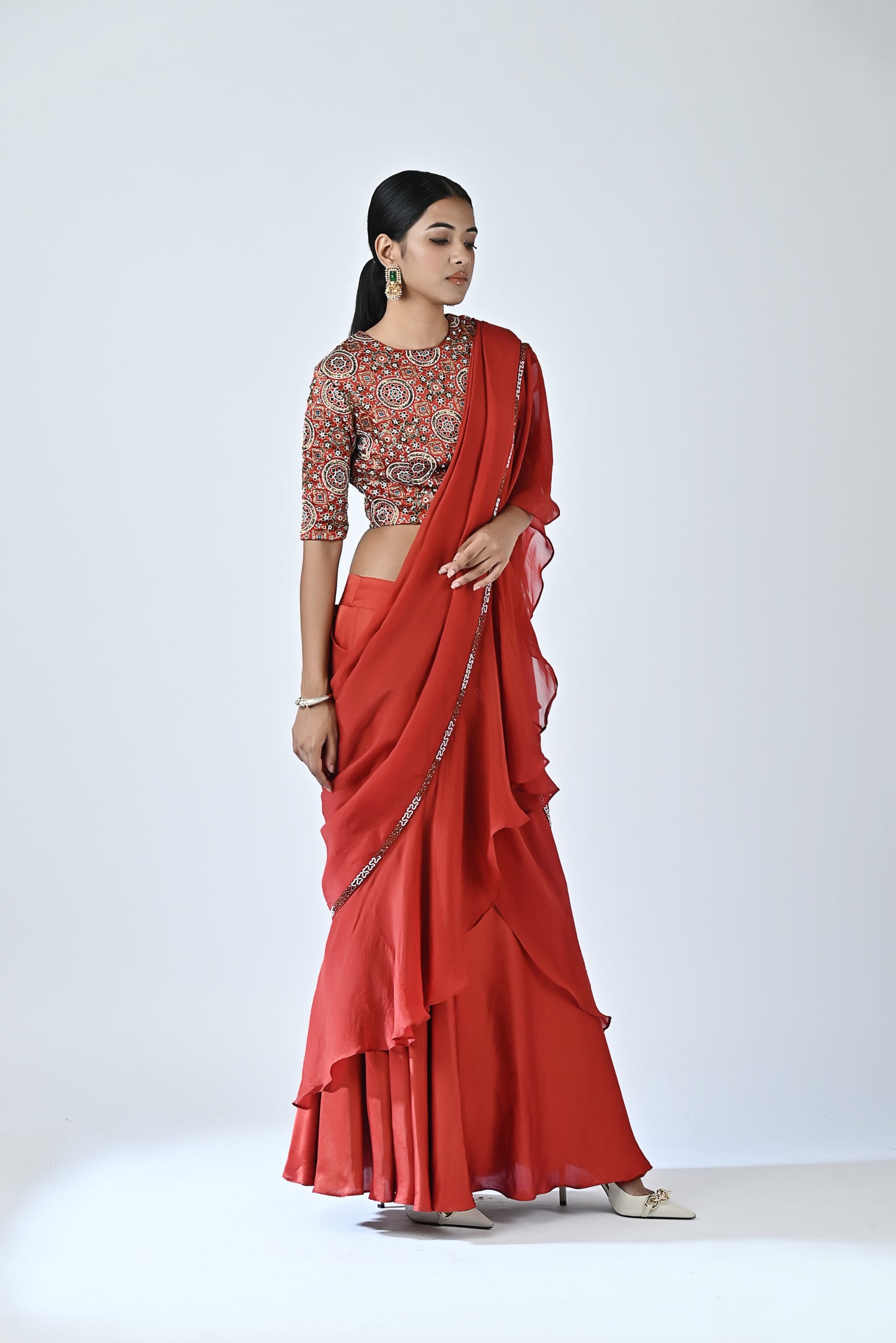 Red embroidered drape saree set